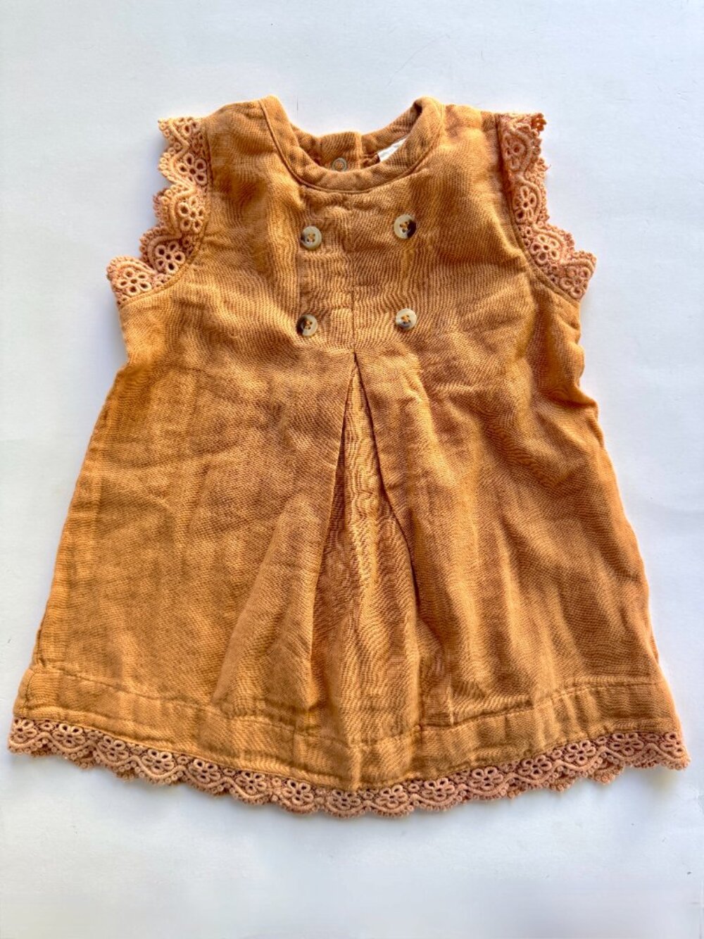Kate Quinn Organic Gauze Lace Trim Dress Caramel 6-12M